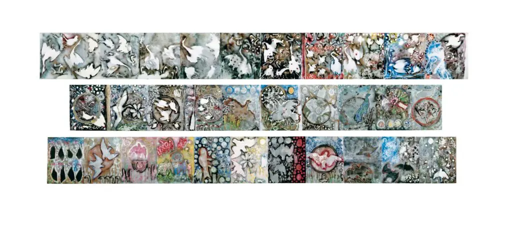 Jean-Paul Riopelle, L'hommage à Rosa Luxemburg -1992. Acrylique et peinture en aérosol sur toile, 155 x 1 424 cm (1er élément); 155 x 1 247 cm (2e élément); 155 x 1 368 cm (3e élément), Collection_MNBAQ_Don de l'artiste.webp
