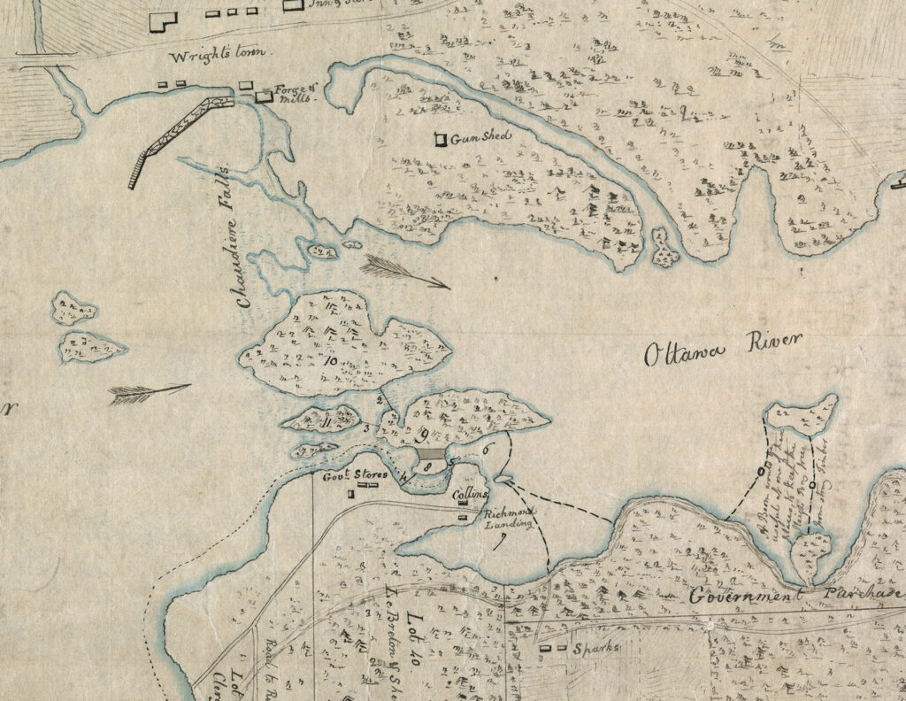 "Sketch of both banks of the Ottawa River and the Chaudiere Falls[...]" by major G.A. Eliot, 1825. One of the archive pieces of the Chaudières Falls (Akikodjiwan) that we found during a first phase of research.