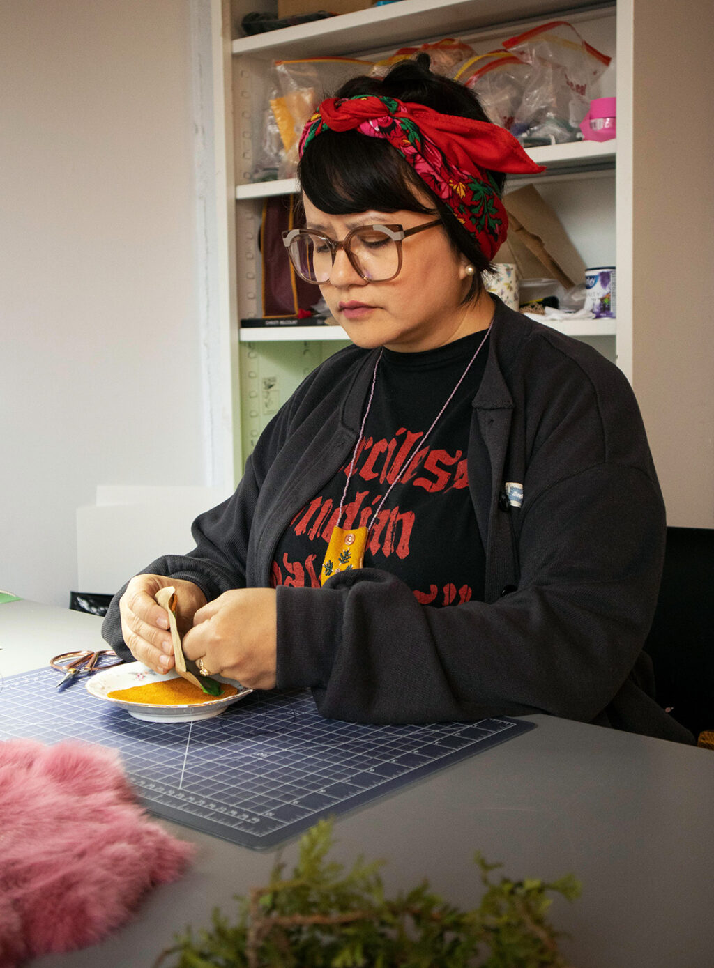 Jobena Petonoquot working on a new embroidery and beading piece for the project. It will be exhibited at SAW Center this summer!